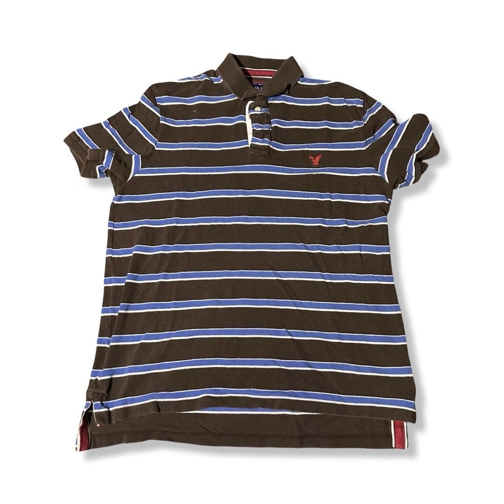 American Eagle Men L Polo Shirt Brown Striped Rugby Eagle Fit Casual VTG Y2K
